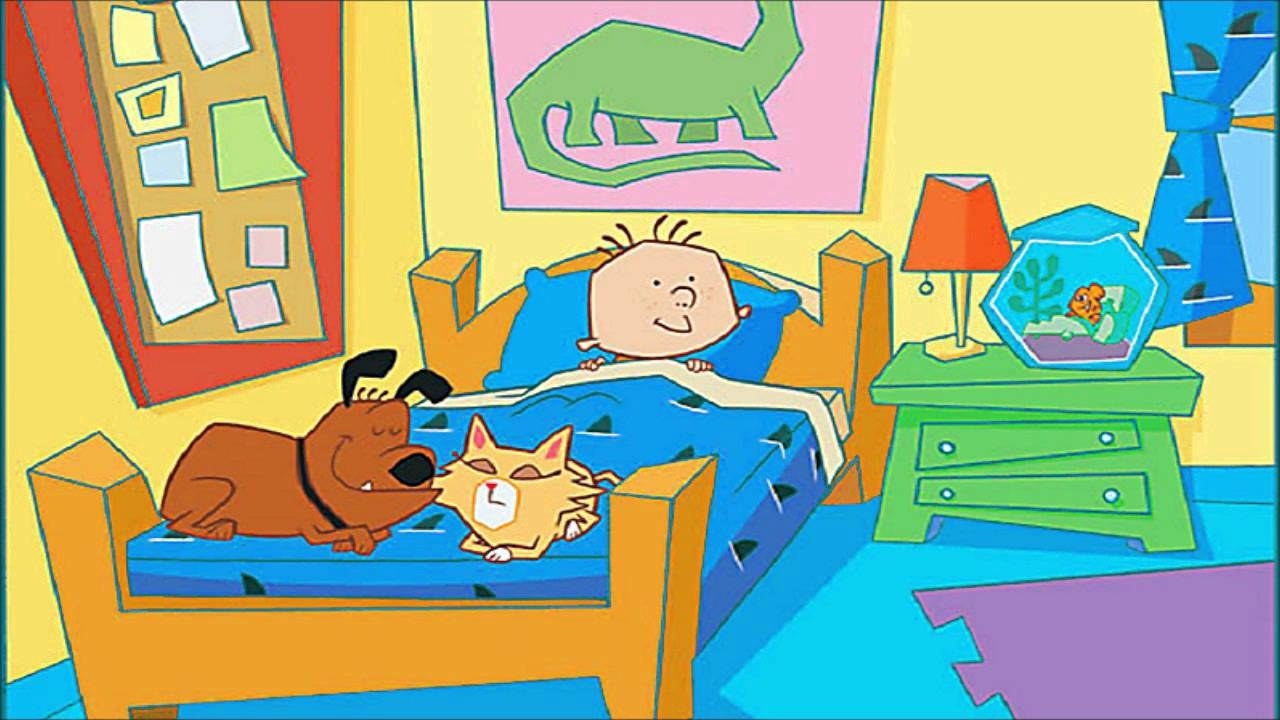 Little cartoon boy lying in bed with dog and cat and goldfish nearby