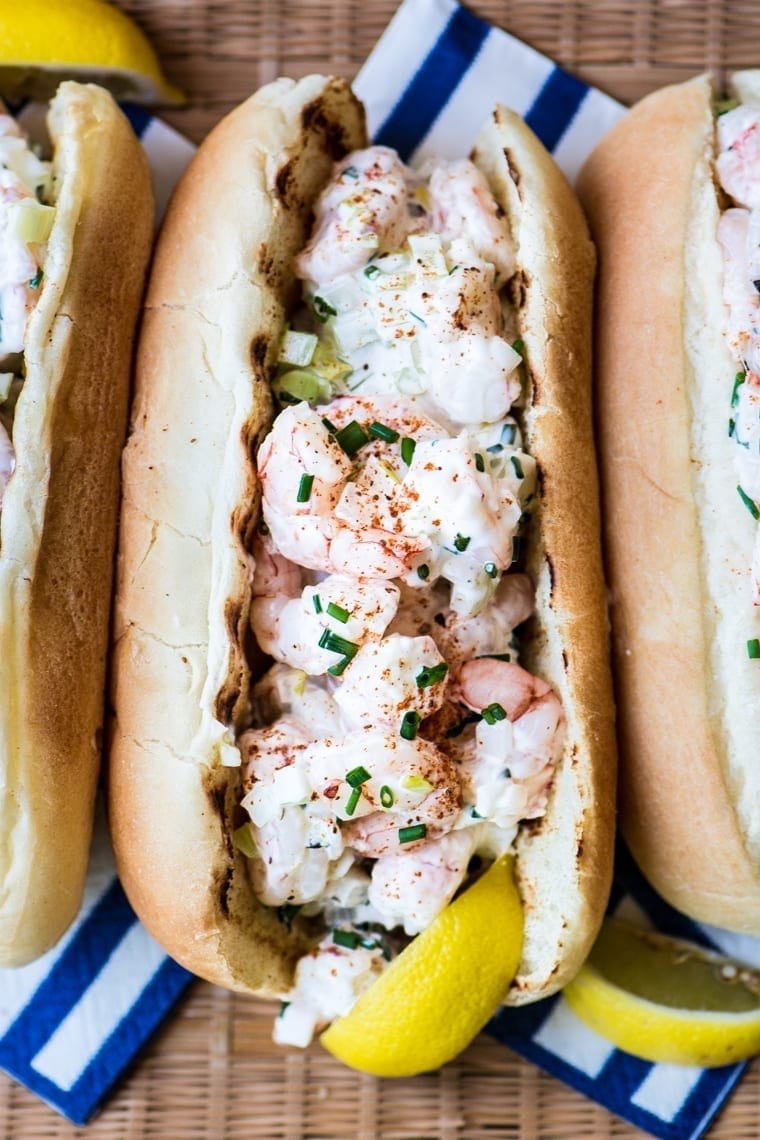A shrimp roll on a hot dog bun