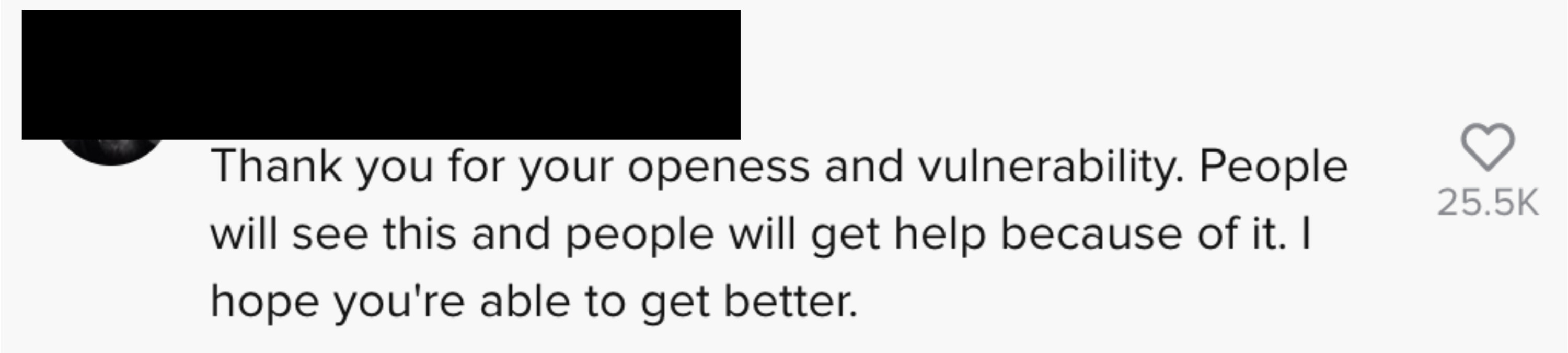 Commenter thanking her for her &quot;openness and vulnerability&quot; and telling her that people will see it and get help because of it and that they hope she gets better