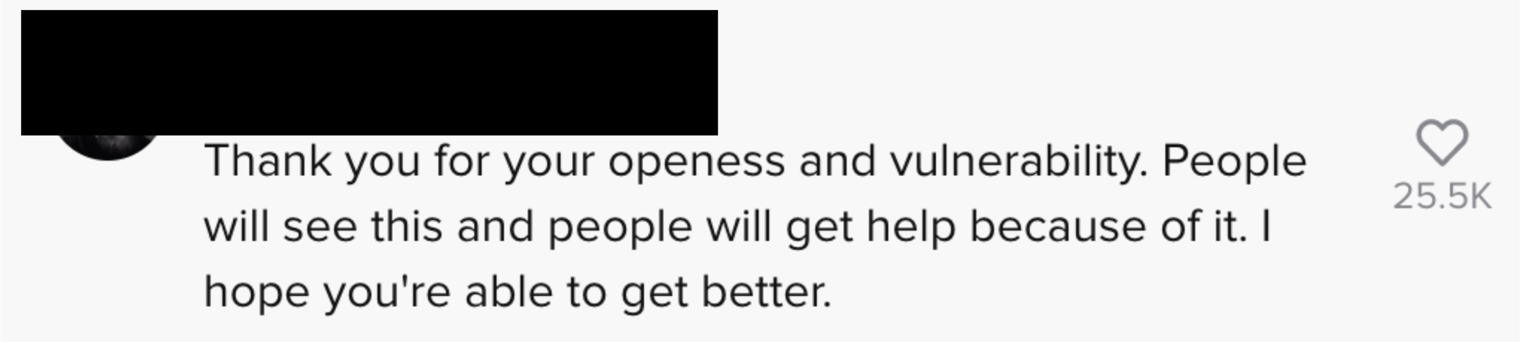 Commenter thanking her for her "openness and vulnerability" and telling her that people will see it and get help because of it and that they hope she gets better