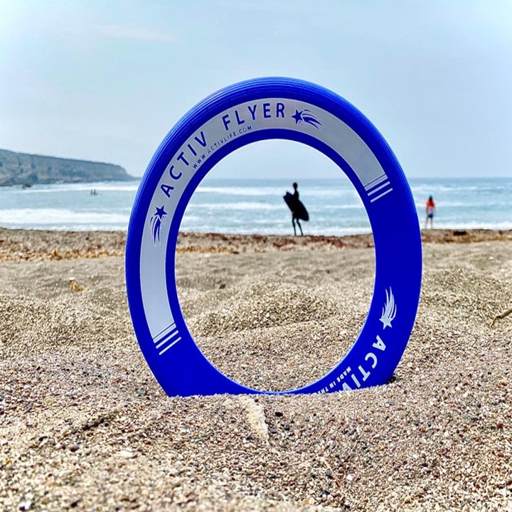Reviewer's photo showing the blue flying wing on the beach