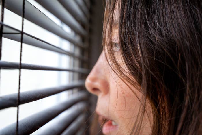 A person looking outside through the blinds of a window