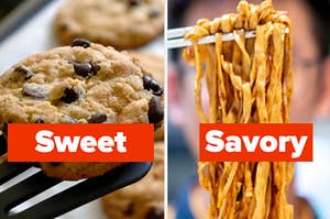 A chocolate chip cookie is on the left labeled, "Sweet" with noodles on the right labeled, "Savory"