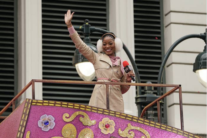 Keke Palmer performs on the Toy Dinosaur float at the 2020 Macy&#x27;s Thanksgiving Day Parade