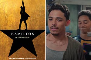 "Hamilton" soundtrack is on the left with "In the Heights" characters in a store on the right