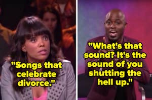 On "Whose Line Is It Anyway, Aisha Tyler says, "Songs that celebrate divorce," and Brady sings, "What's that sound, it's the sound of you shutting the hell up"
