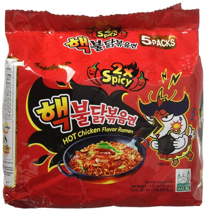 A pack of red Samyang spicy ramen in hot chicken flavour.
