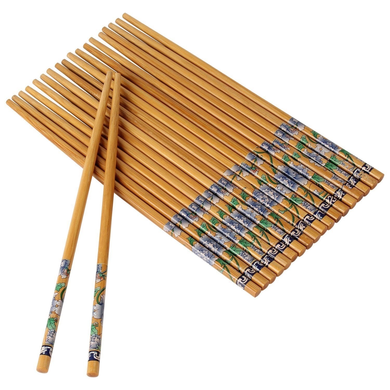 10 sets of bamboo chopsticks with a pretty blue floral design on the base.
