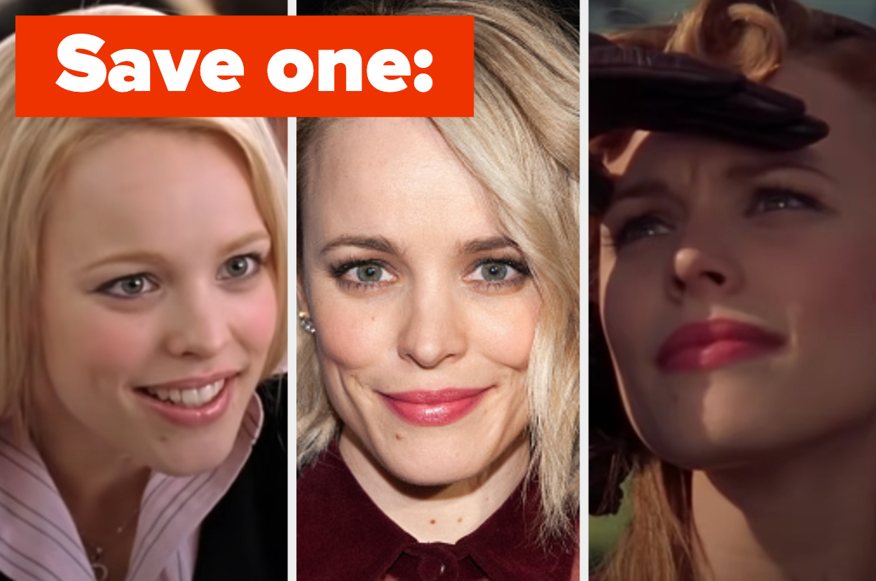 Rachel McAdams is posing in three split thumbs with a caption that reads: 