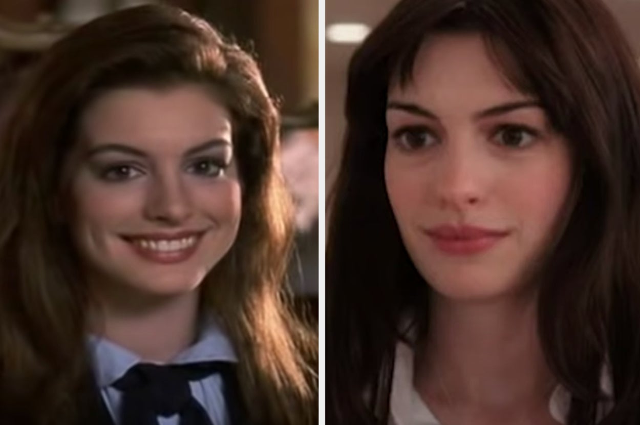 Anne Hathaway is posed on the left and right while looking straight ahead
