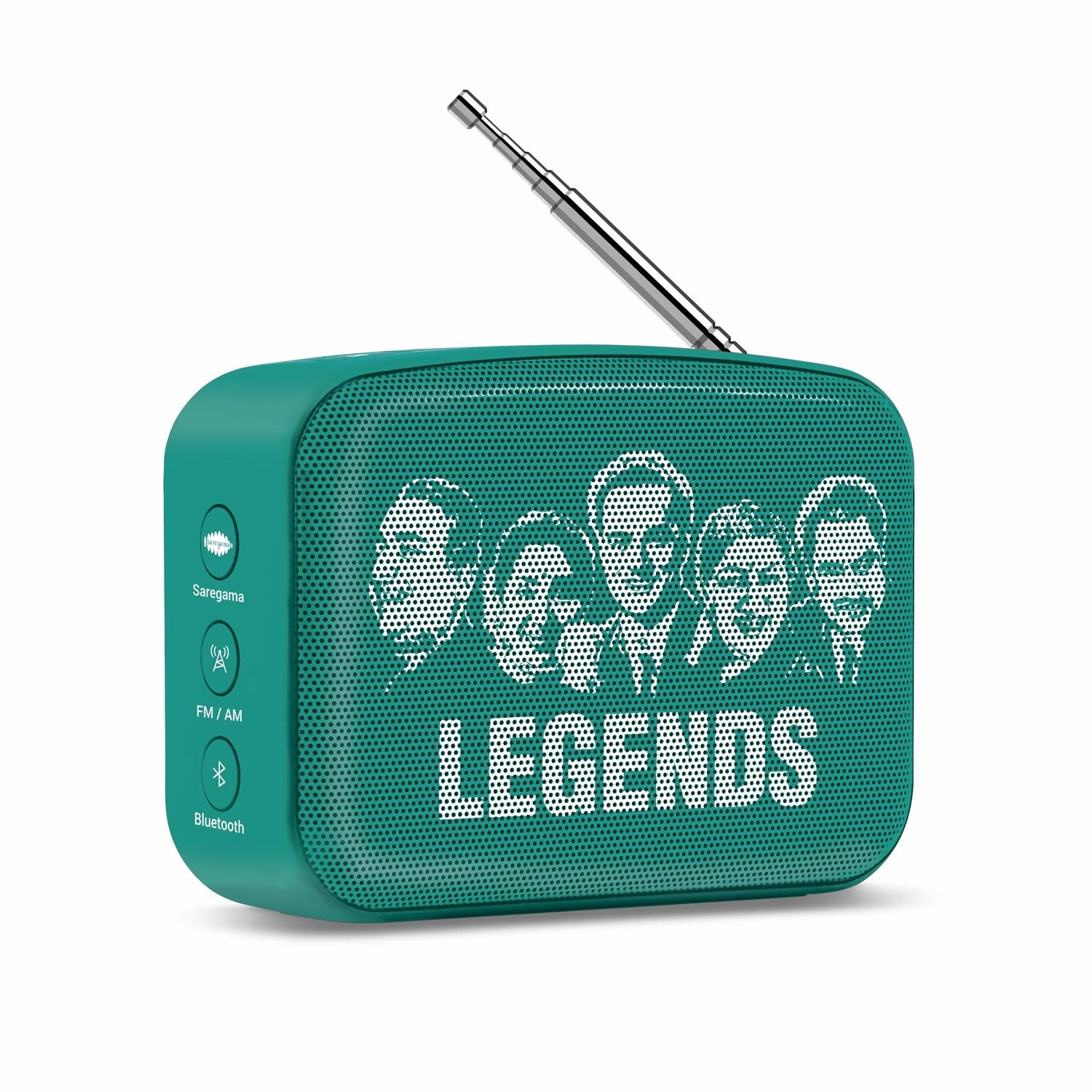 A mint-green Saregama Caravan mini player with the words Legends written on it in white along with images of legendary singers from Hindi cinema