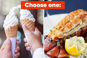 Two ice cream cones are on the left with a lobster tail on the right labeled, "Choose one:"
