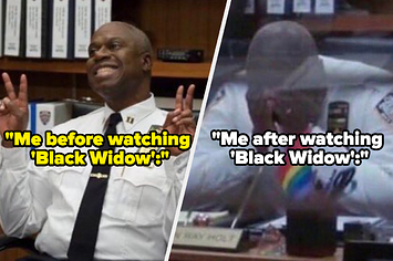 Captain Holt looking happy with text reading "Me before watching  'Black Widow':" side by side with Captain Holt looking devastated and text reading "Me after watching  'Black Widow':"