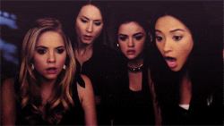 Hanna, Spencer, Aria, and Emily gasp and jump back from the computer screen they&#x27;re looking at
