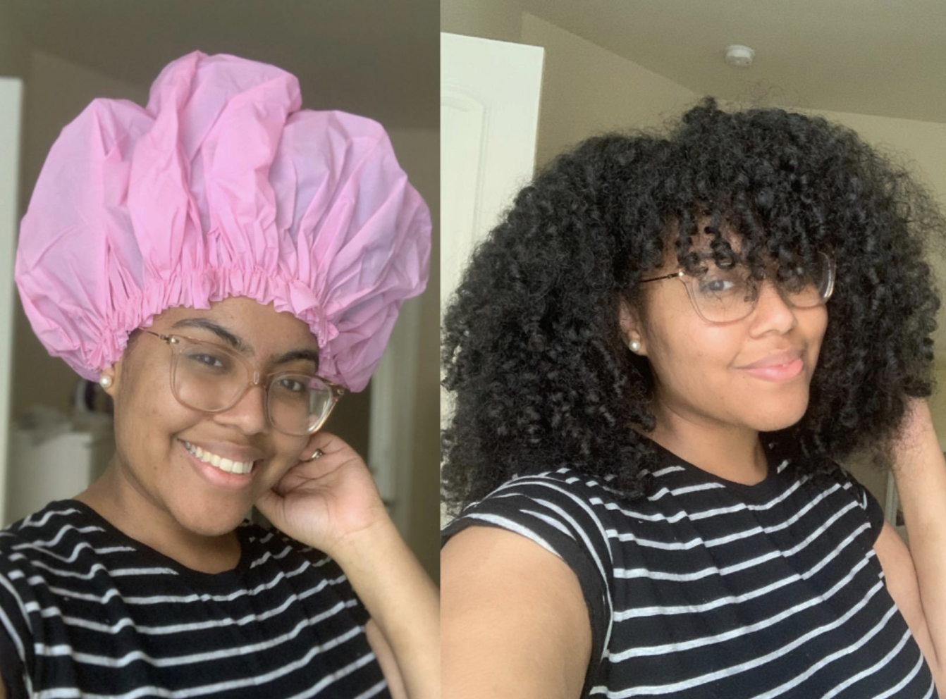 A reviewer&#x27;s hair out and then under the shower cap