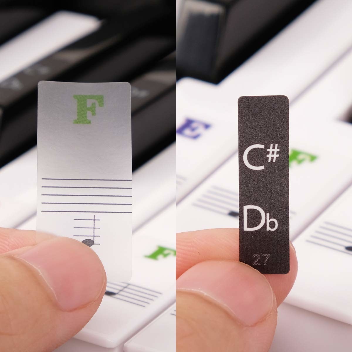 Piano key stickers for both white and black keys denoting F and C# keys respectively