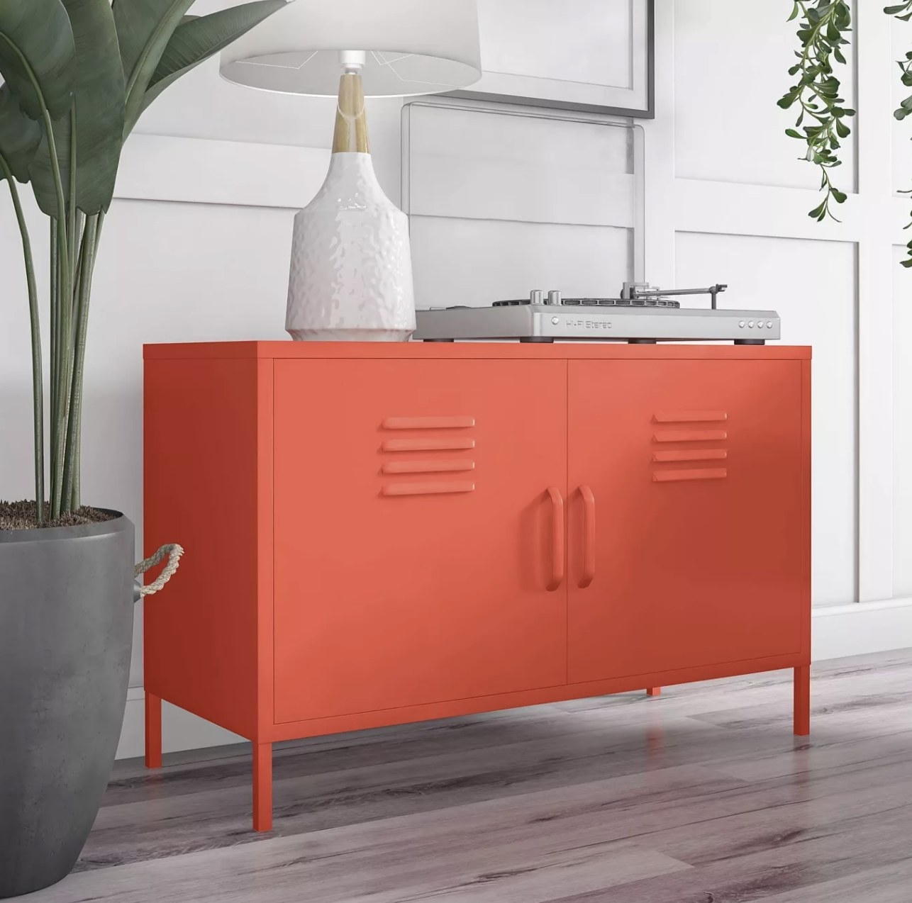 a red metal locker accent cabinet
