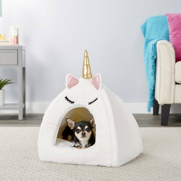 a chihuahua sitting inside the unicorn dog bed