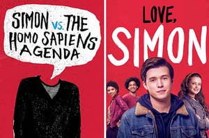 Simon from the movie next to the cover of the Love Simon book