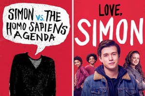 Simon from the movie next to the cover of the Love Simon book