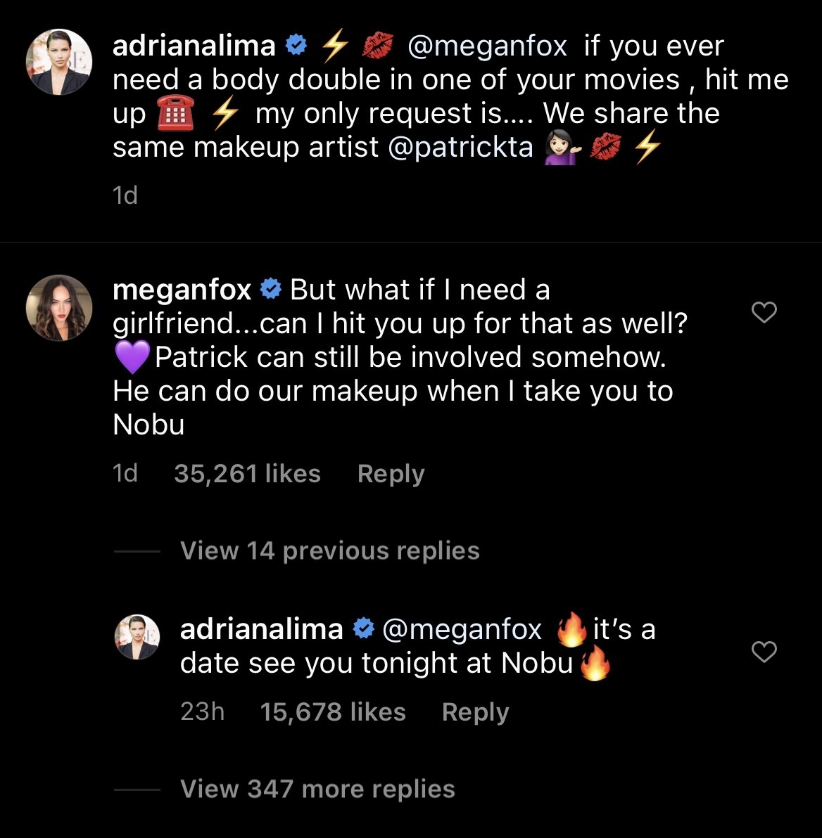 A screenshot that shows Megan Fox and Adriana Lima&#x27;s recent Instagram exchange