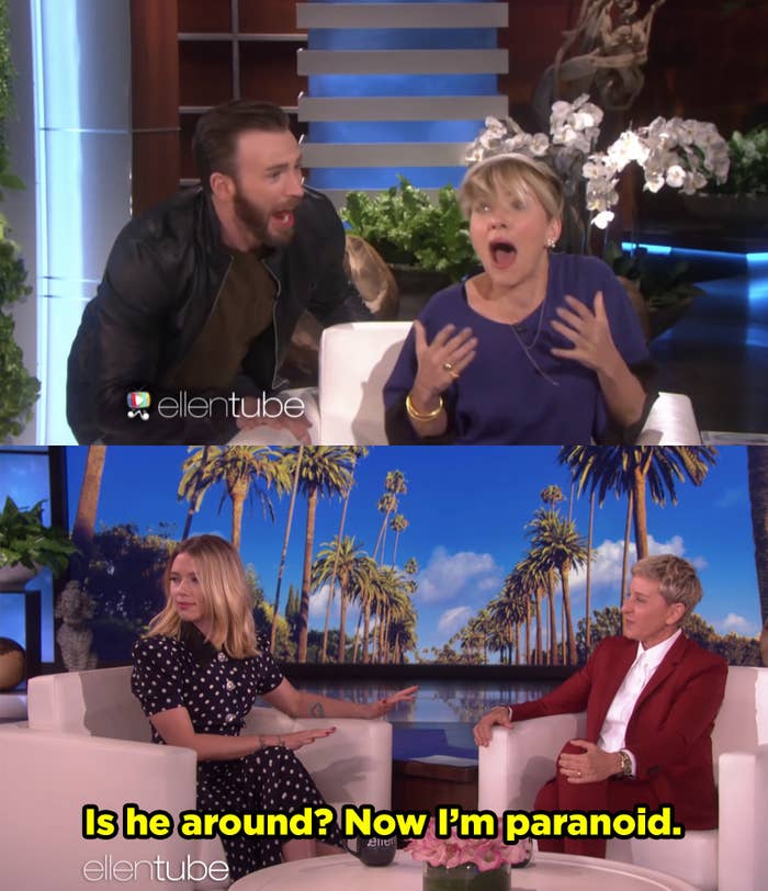 Chris Evans scaring Scarlett during an interview and then years later revealing that she's paranoid it'll happen again.