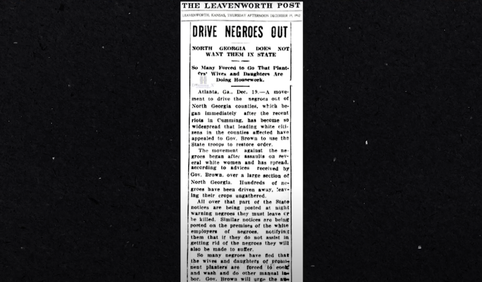 A report in The Leavenworth Post with the headline &quot;Drive Negroes Out, North Georgia Does Not Want Them In State&quot;