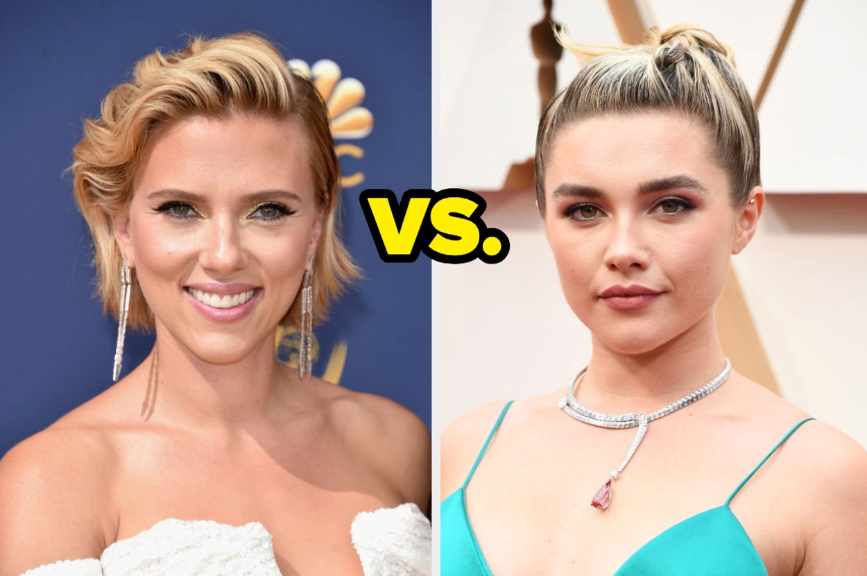 Scarlett Johansson and Florence Pugh and the word "vs." between them
