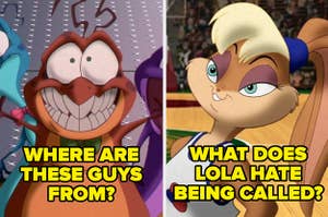 Stills showing a little alien nerdluck and lola bunny from space jam