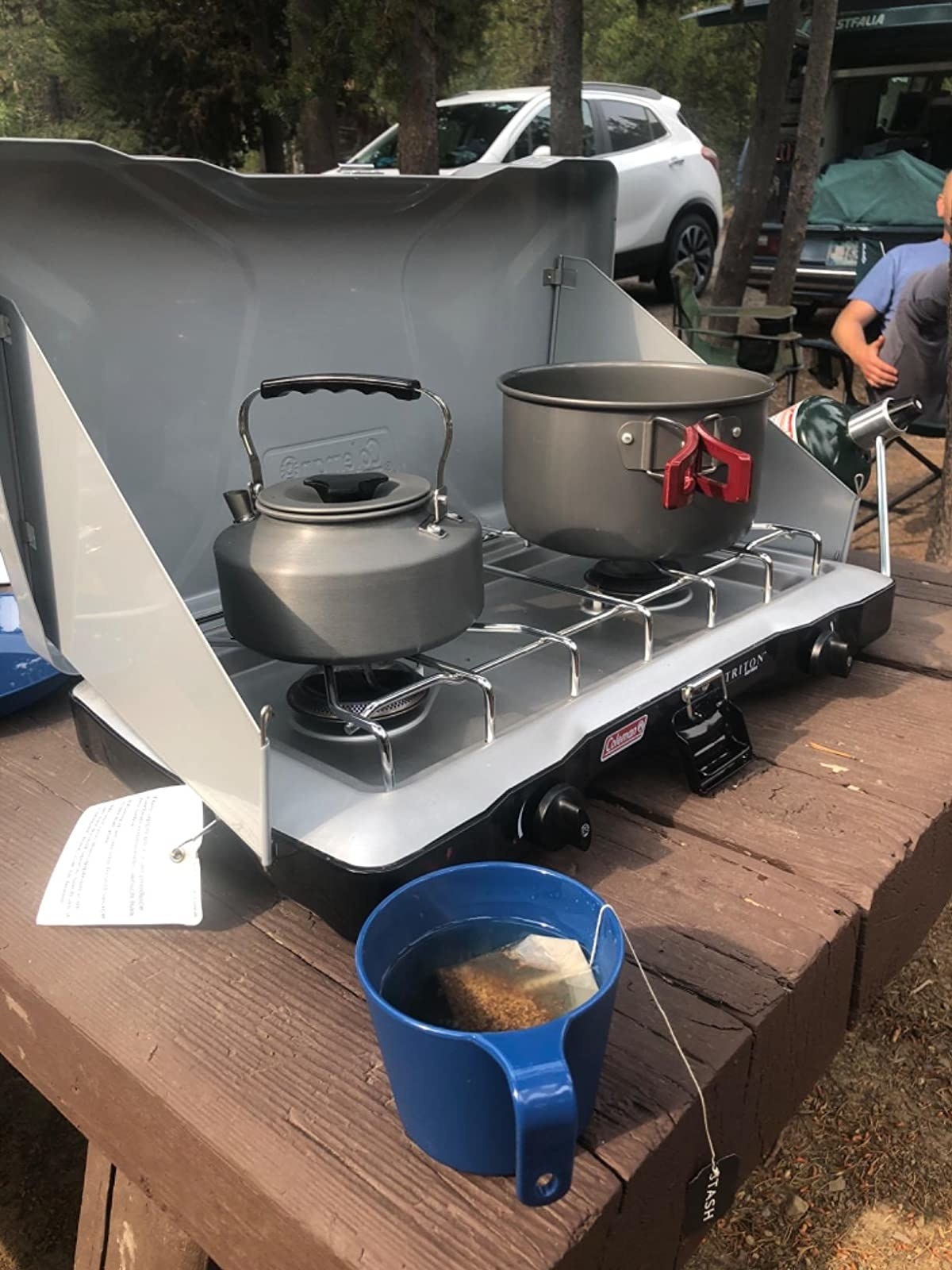 two-burner stove set up on picnic table at reviewer&#x27;s campsite