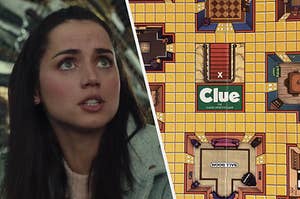 A close up of Marta as she's mid sentence and the game board for the game Clue.
