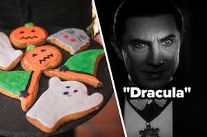 Cookies are in the shapes of pumpkin, ghosts, and witches' hat. And a close up of Dracula hiding in the shadows.