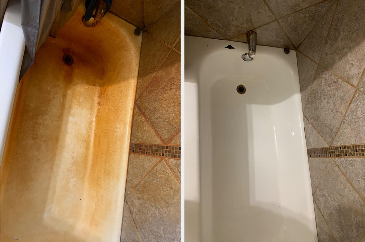 reviewer before and after image of an extremely rusty tub vs. a completely clean tub