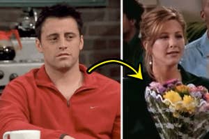 joey on the left and rachel holding flowers on the right