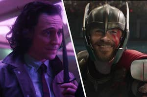 Loki holds a long dagger close to his face and a close up of Thor wearing a helmet with red war paint on his face.