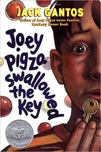 Book cover for Joey Pigza Swallowed the Key by Jack Gantos. Shows a half-face of a young boy with a key and worried eyes