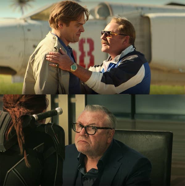 Dreykov welcoming Alexei home, Natasha confronting Dreykov