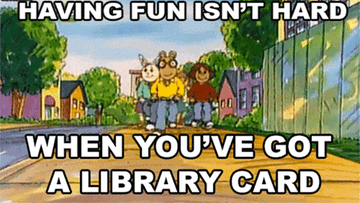 Arthur and gang, from the cartoon Arthur, walking down the street with library cards in their hands.