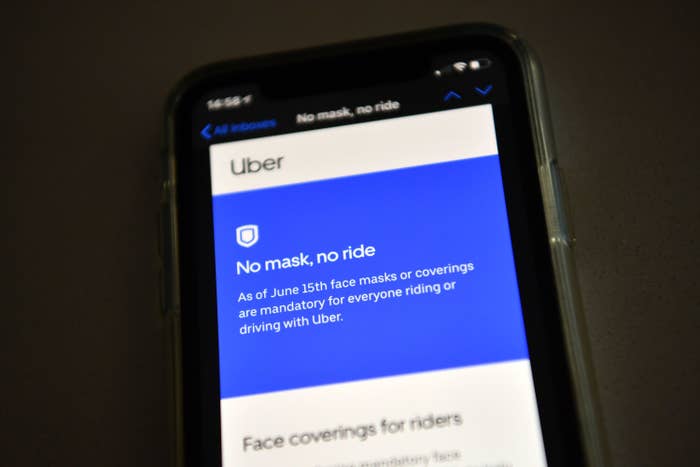 The Uber app shows a warning reading "no mask, no ride"