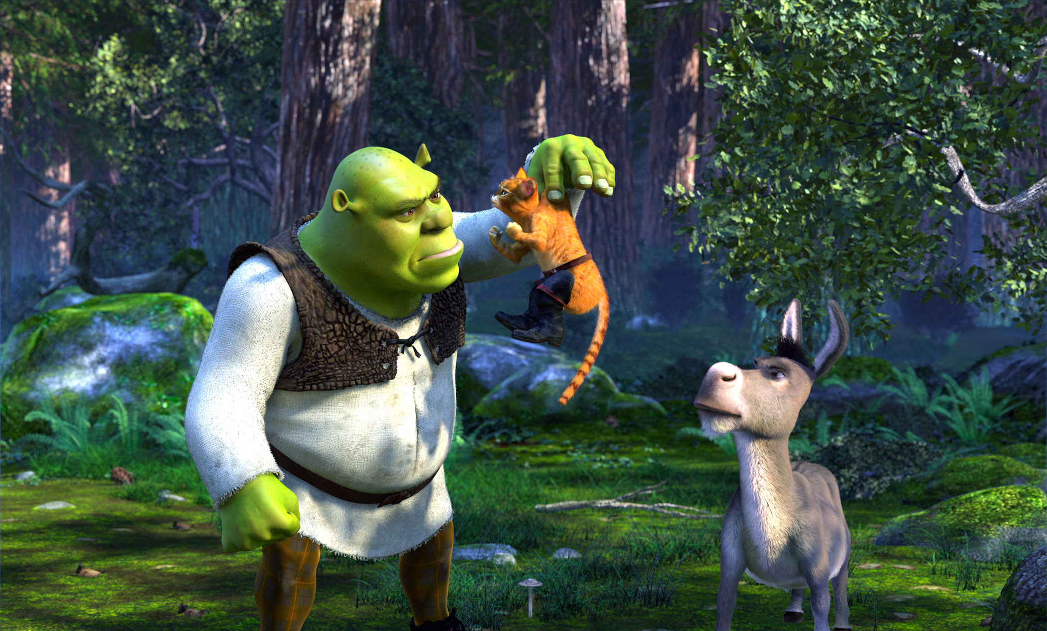 Shrek holding Puss in Boots and donkey looking at them skeptically