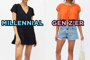 On the left, someone wearing a short dress with a v-neck labeled "millennial," and on the right, someone wearing a crop top and denim cutoff shorts labeled "gen z'er"