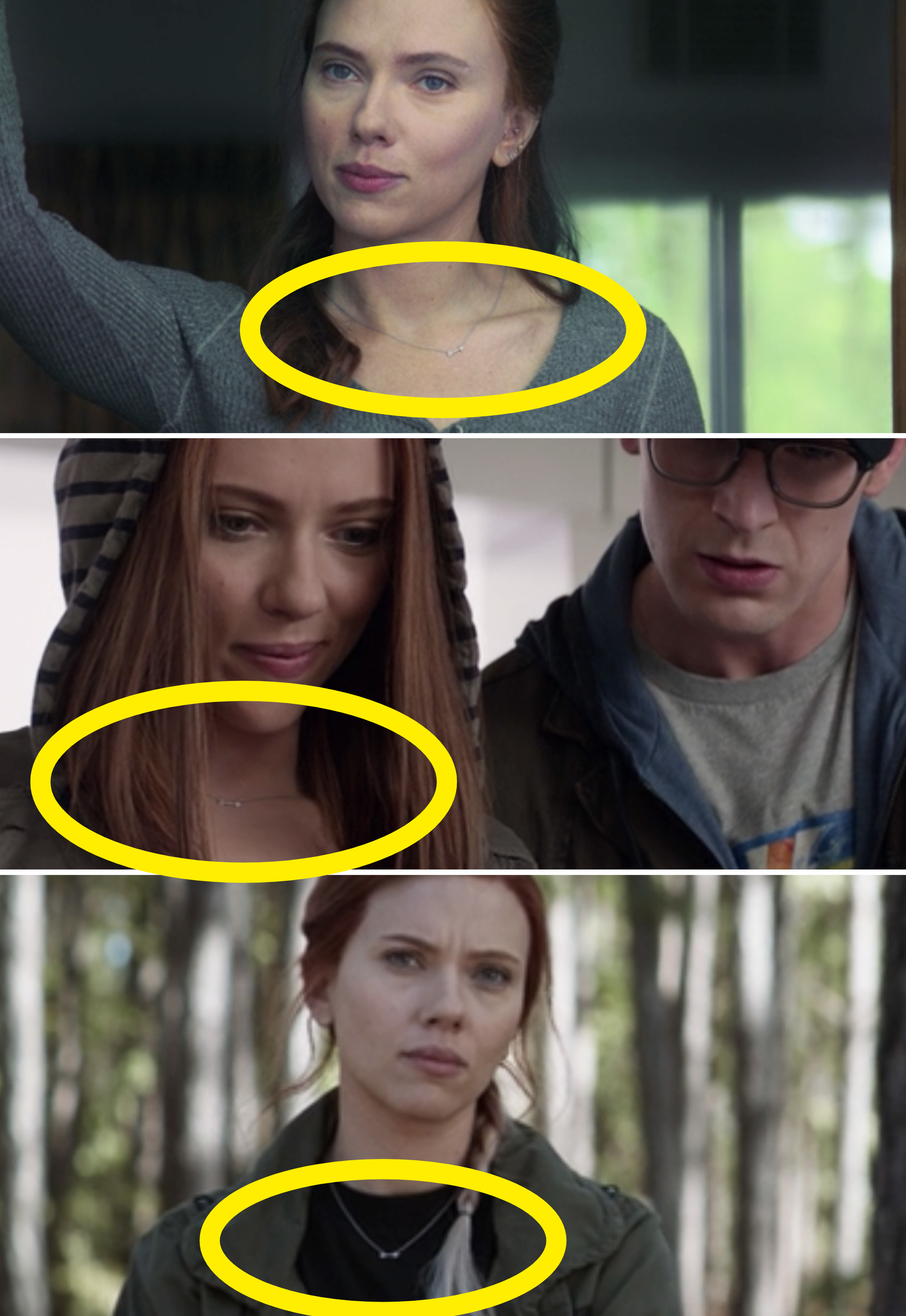 Close-ups of Natasha wearing her arrow necklace in Black Widow, Winter Soldier, and Infinity War