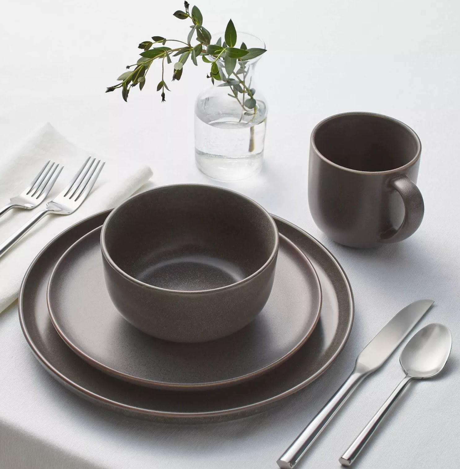 a dinner plate, salad plate, bowl, and mug from the set