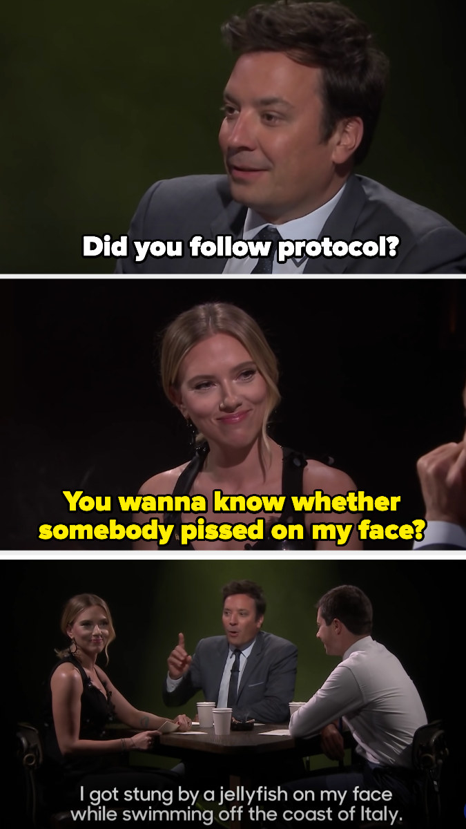 Jimmy Fallon asks &quot;Did you follow protocol?&quot; and Scarlett responds, &quot;You wanna know whether somebody pissed on my face?&quot;