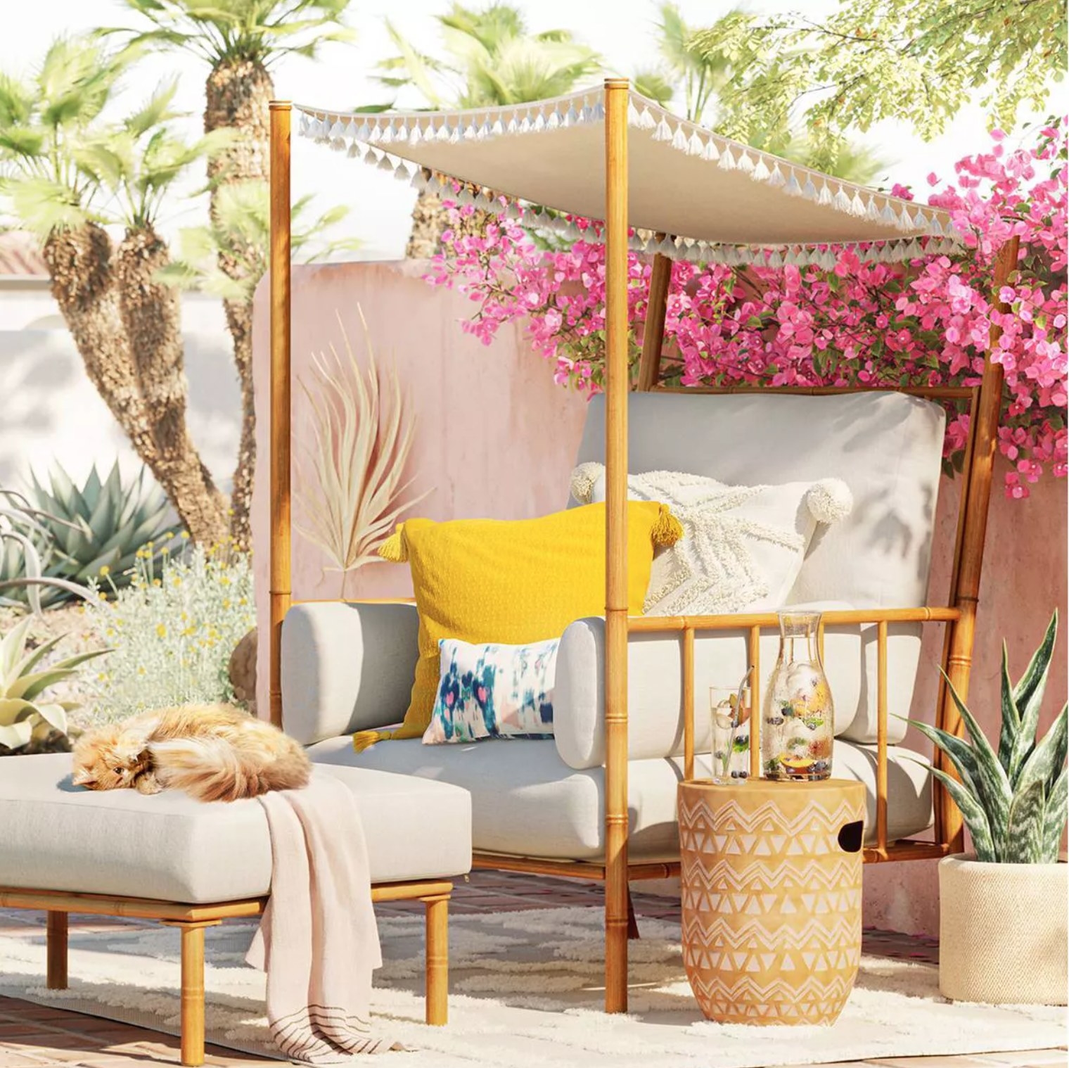 the yellow throw pillow on an outdoor patio chair