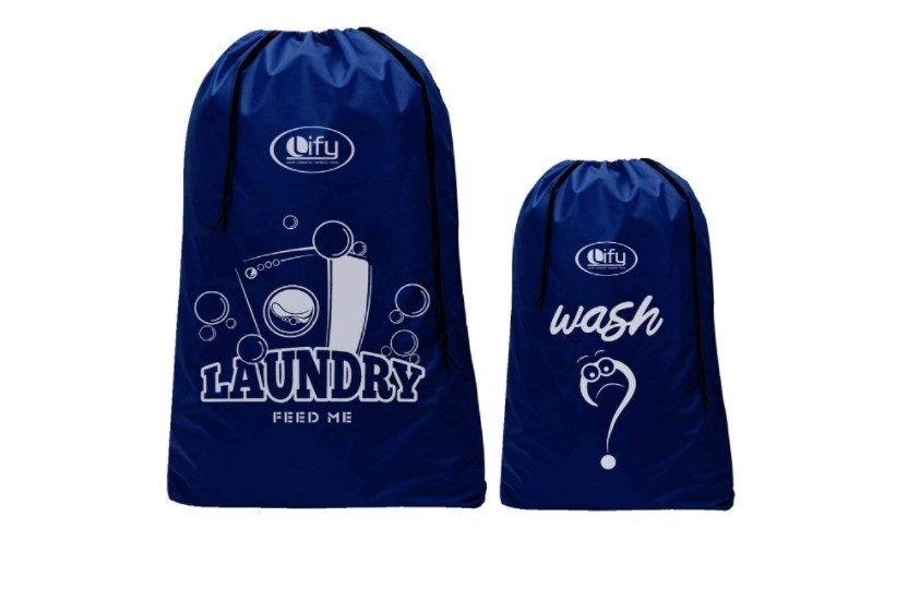 Two laundry bags with &quot;Laundry - Feed Me&quot; written on the bigger one, and &quot;Wash&quot; written on the smaller one