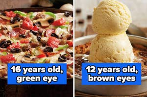 Pizza labeled 16 years old, green eyes, and a cookie with ice cream labeled 12 years old, brown eyes