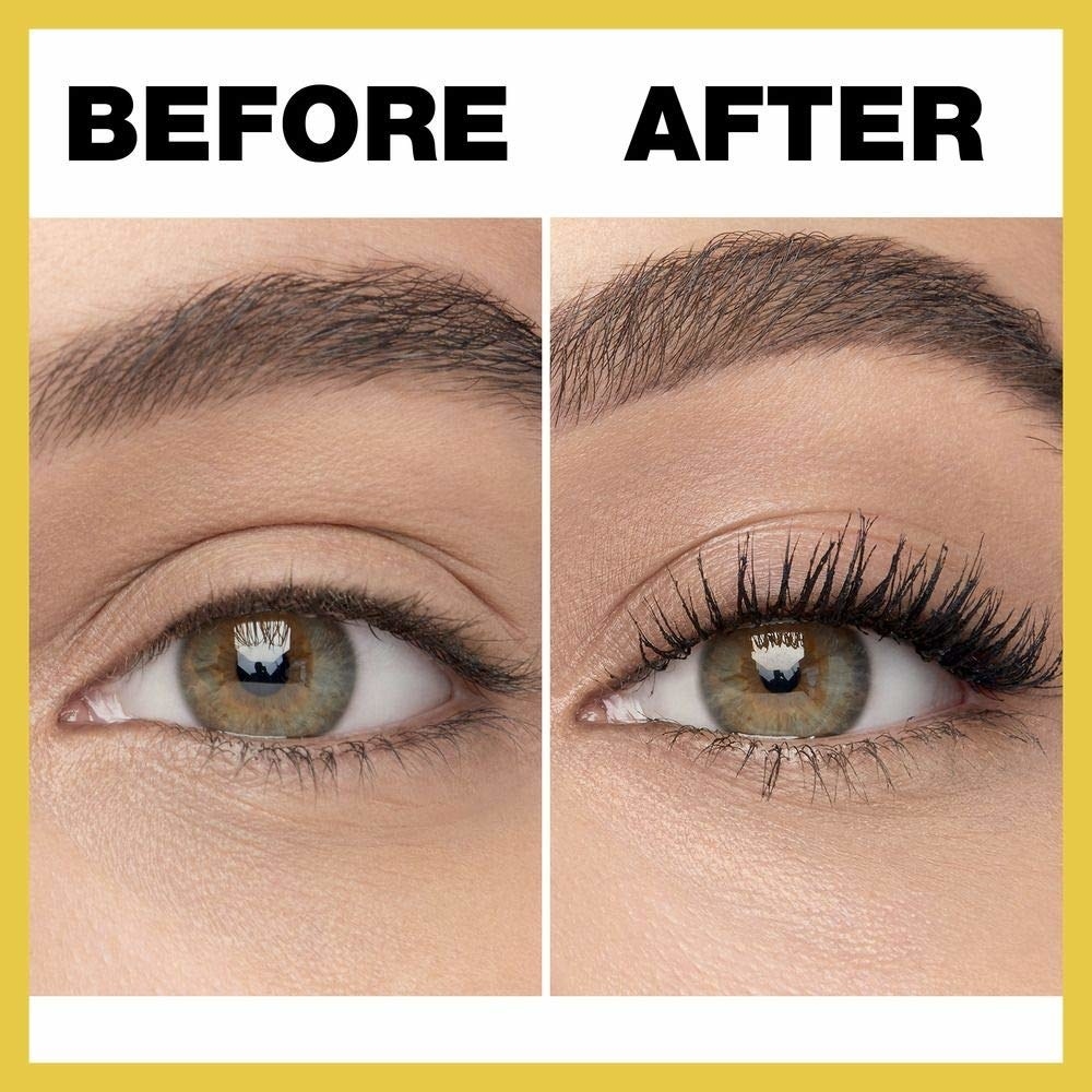 A before and after image of a person wearing the mascara. They have voluminous lashes in the after image.