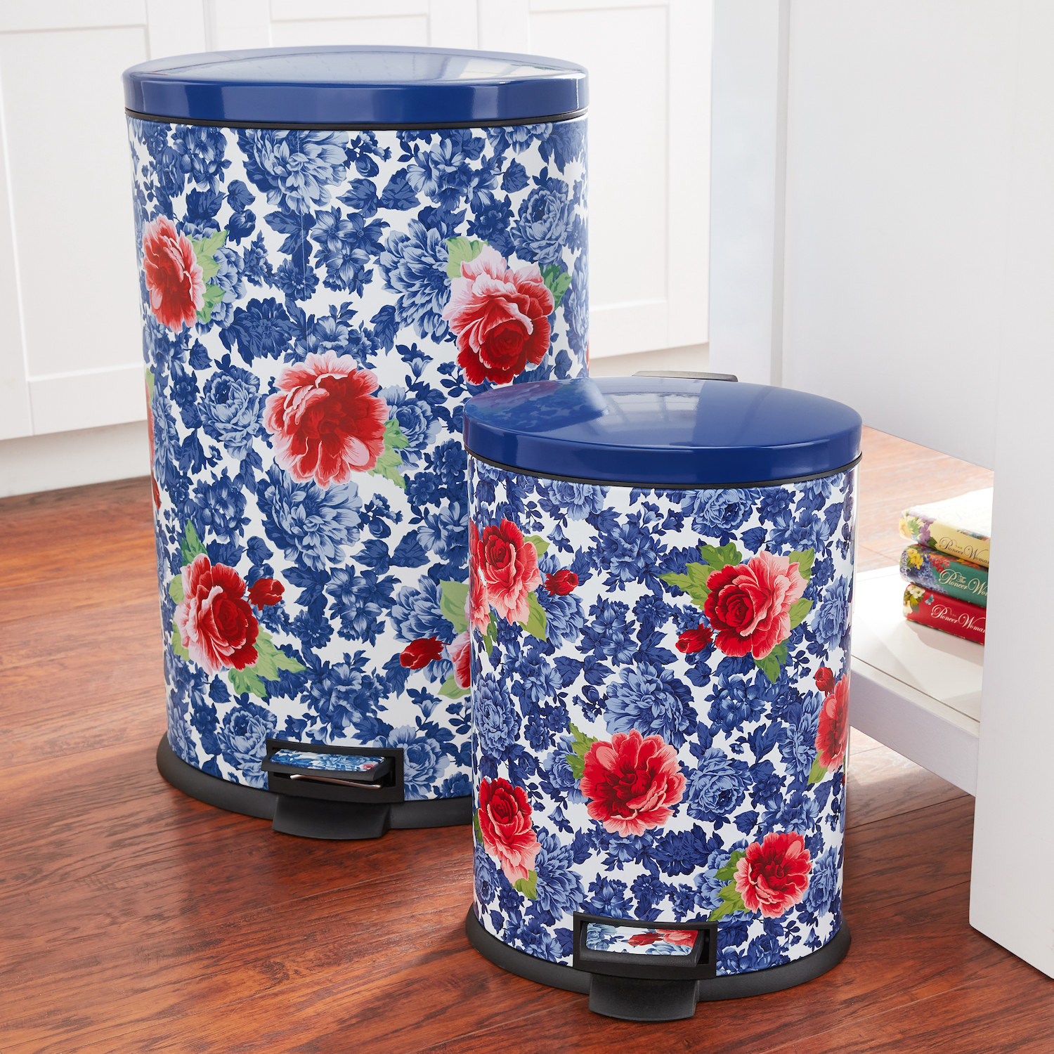 the blue floral trash cans