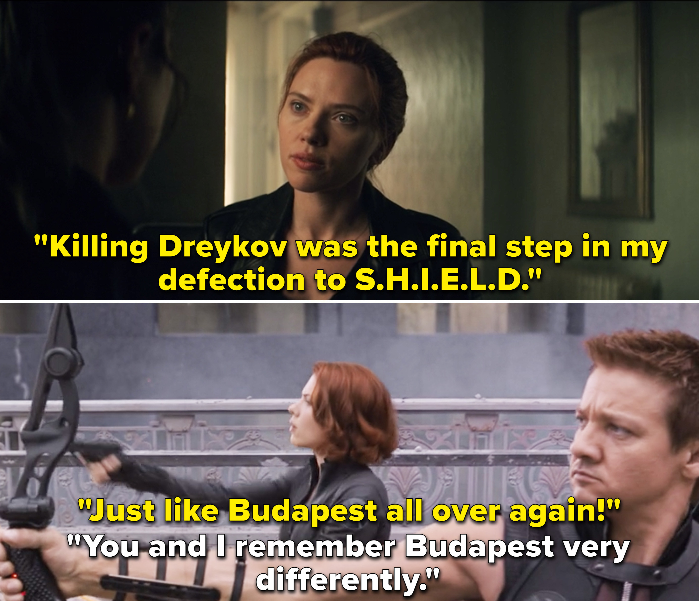 Natasha mentioning Budapest in The Avengers, and Clint saying, &quot;You and I remember Budapest very differently&quot;